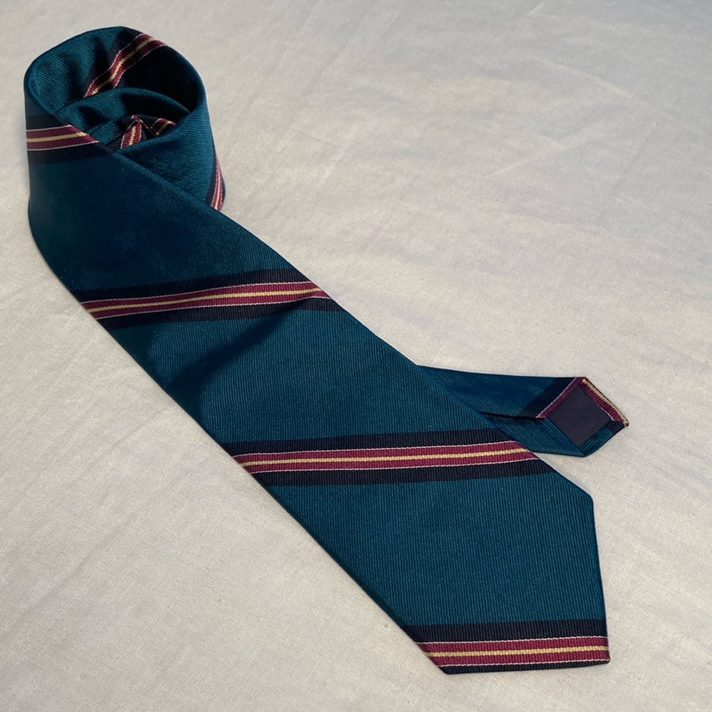 Phineas Creed all silk tie teal dark peacock striped burgundy gold black